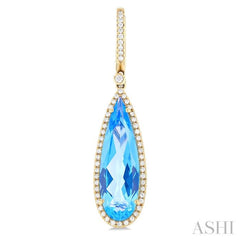 23x7 MM Pear Shape Blue Topaz and 3/8 Ctw Round Cut Diamond Halo Semi-Precious Earrings in 14K Yellow Gold