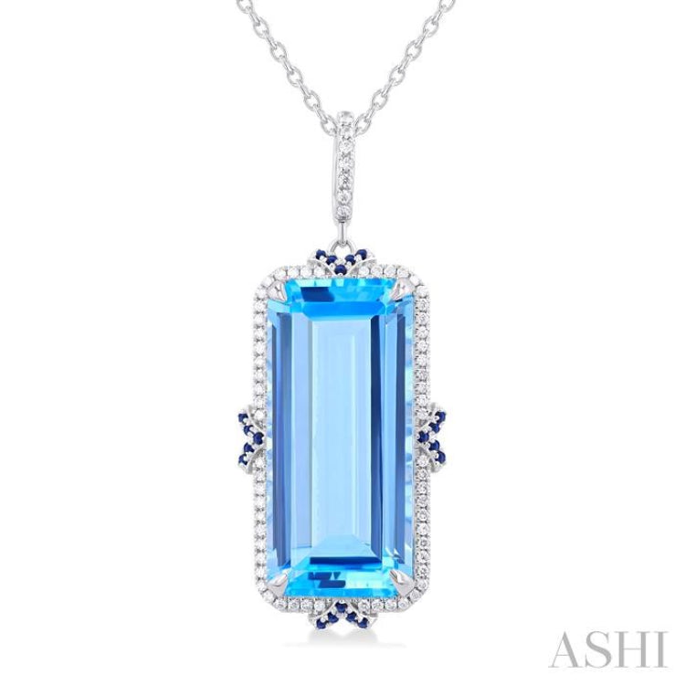 22x10 MM Emerald Cut Blue Topaz and .80 MM Sapphire & 1/5 Ctw Round Cut Diamond Halo Precious & Semi-Precious Pendant With Chain in 14K White Gold