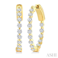1 Ctw Inside-Out Single Prong Set Round Cut Diamond Hoop Earrings in 14K Yellow Gold