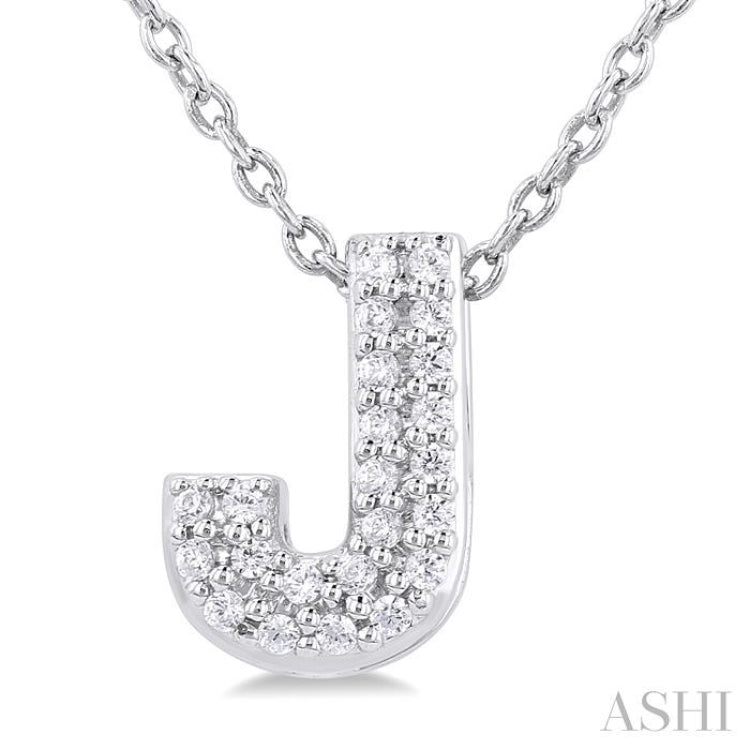 1/10 Ctw Initial 'J' Round Cut Diamond Fashion Pendant With Chain in 10K White Gold