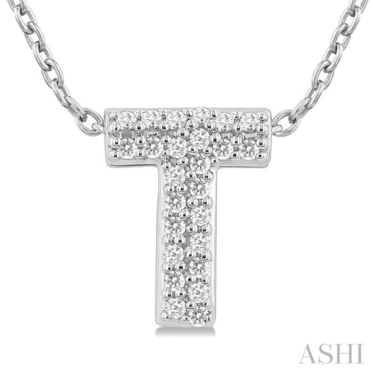 1/10 Ctw Initial 'T' Round Cut Diamond Fashion Pendant With Chain in 10K White Gold