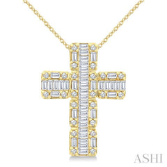 1 Ctw Fusion Baguette and Round Cut Diamond Cross Fashion Pendant With Chain in 14K Yellow Gold