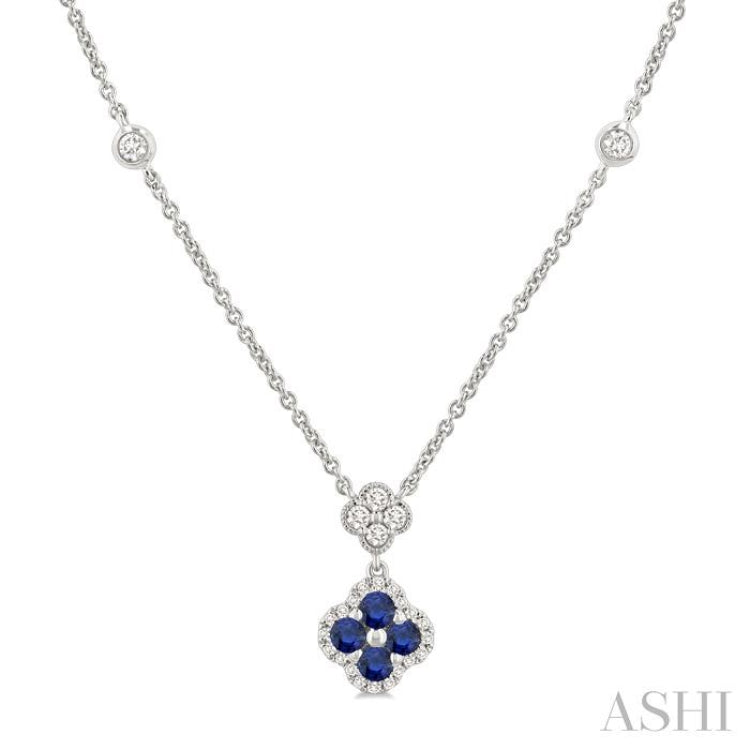 2.4 MM Round Shape Sapphire and 1/4 Ctw Clover Round Cut Diamond Station Necklace in 14K White Gold