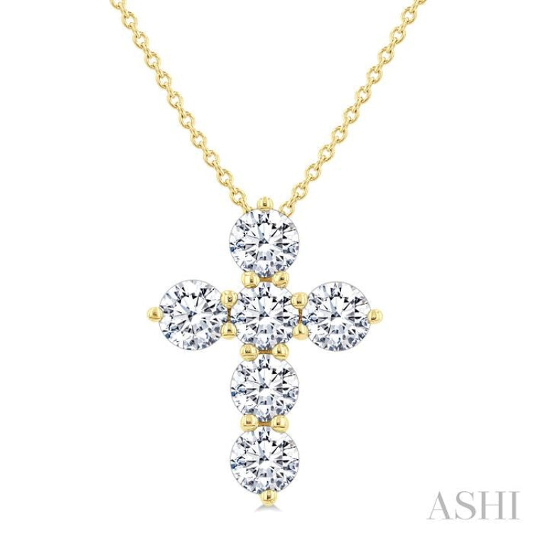 1 1/2 Ctw Round Cut Diamond Christian Cross 6-Stone Fashion Pendant With Chain in 14K Yellow Gold