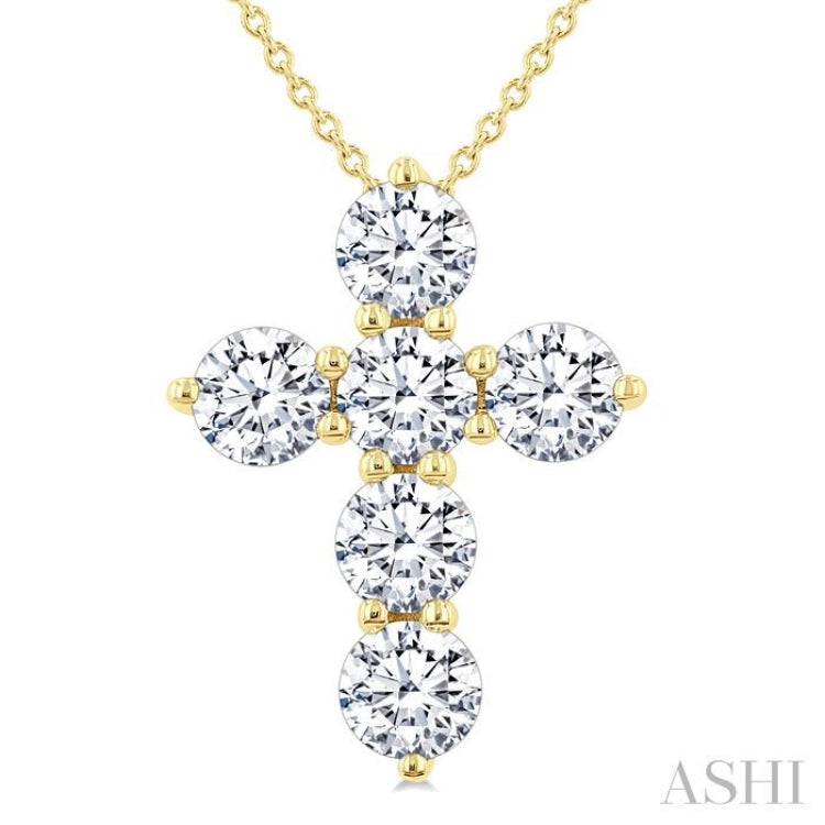 2 Ctw Round Cut Diamond Christian Cross 6-Stone Fashion Pendant With Chain in 14K Yellow Gold