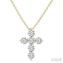 1/2 Ctw Round Cut Diamond Christian Cross 6-Stone Fashion Pendant With Chain in 14K Yellow Gold