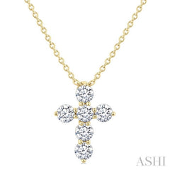 1/3 Ctw Round Cut Diamond Christian Cross 6-Stone Fashion Pendant With Chain in 14K Yellow Gold