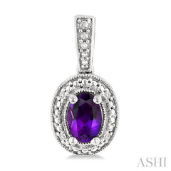 6X4 MM Oval Shape Amethyst and 1/50 Ctw Single Cut Diamond Semi-Precious Earrings in Sterling Silver