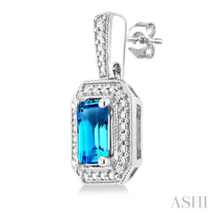 6X4 MM Octagon Shape Blue Topaz and 1/50 Ctw Single Cut Diamond Semi-Precious Earrings in Sterling Silver