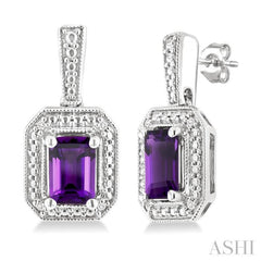 6X4 MM Octagon Shape Amethyst and 1/50 Ctw Single Cut Diamond Semi-Precious Earrings in Sterling Silver