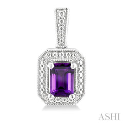 6X4 MM Octagon Shape Amethyst and 1/50 Ctw Single Cut Diamond Semi-Precious Earrings in Sterling Silver