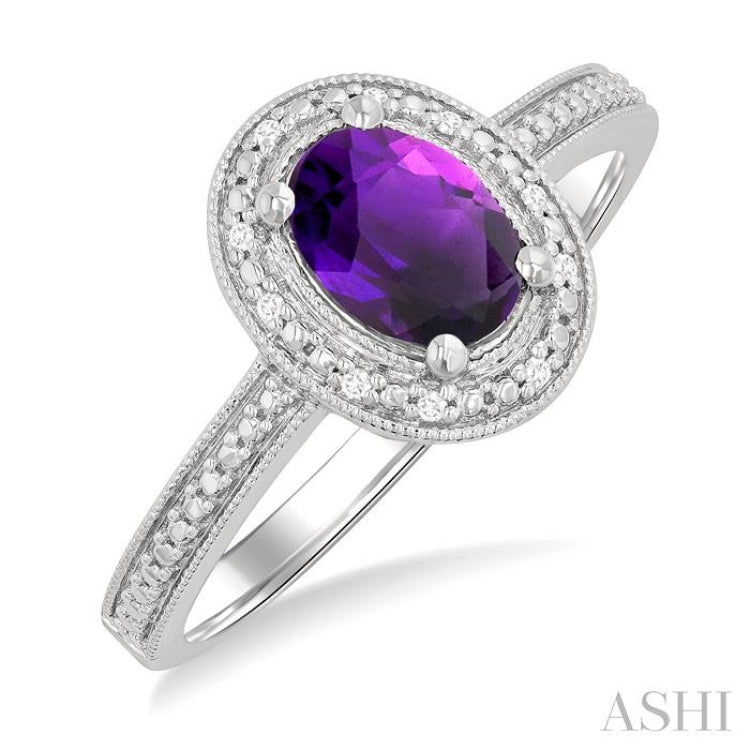7x5 MM Oval Shape Amethyst and 1/50 Ctw Single Cut Diamond Semi-precious Ring in Sterling Silver
