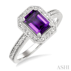 7x5 MM Octagon Shape Amethyst and 1/50 Ctw Single Cut Diamond Semi-precious Ring in Sterling Silver