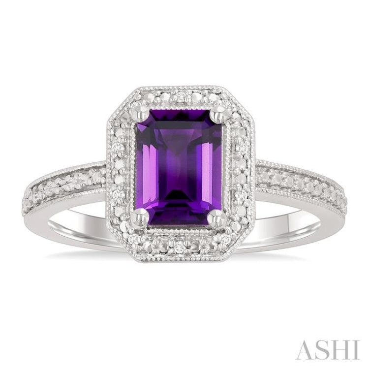 7x5 MM Octagon Shape Amethyst and 1/50 Ctw Single Cut Diamond Semi-precious Ring in Sterling Silver